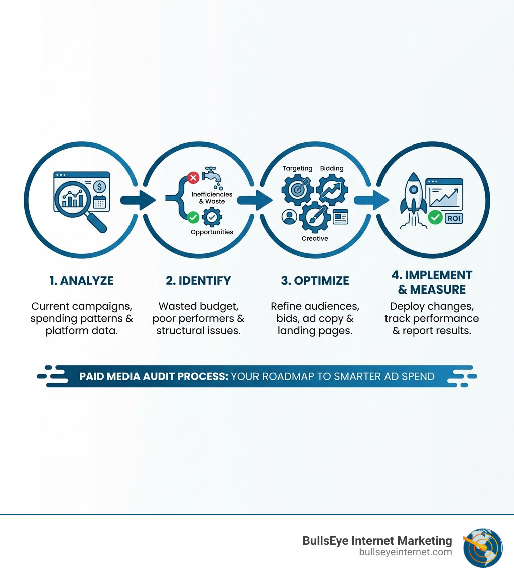 Paid media audit process infographic showing four connected steps: Analyze current campaigns and spending patterns, Identify inefficiencies and wasted budget, Optimize targeting bidding and creative, Implement changes and measure results - Paid media audit infographic Infographic illustrating the paid media audit process with four steps: Analyze current campaigns, Identify inefficiencies and opportunities, Optimize targeting and bidding, Implement and measure results; branded with BullsEye Internet Marketing logo.