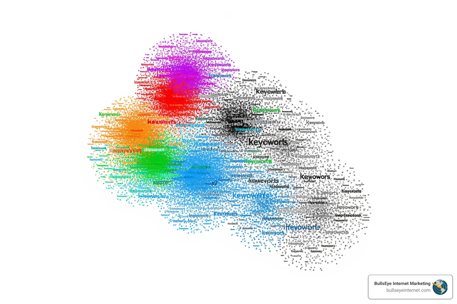 Colorful keyword cloud visualization representing keyword strategies for PPC audits, emphasizing keyword performance analysis and optimization by Bullseye Internet Marketing.