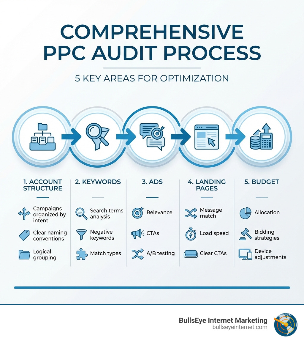 Comprehensive PPC audit process infographic highlighting five key areas for optimization: account structure, keywords, ads, landing pages, and budget, featuring icons and structured layout by BullsEye Internet Marketing.