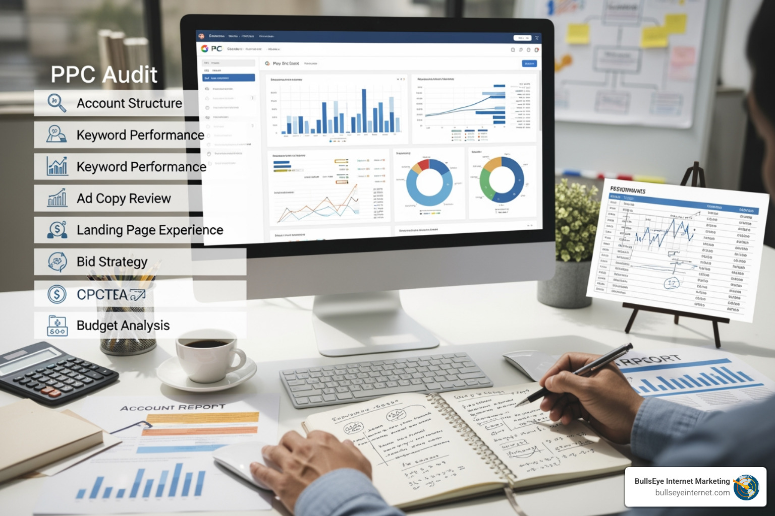 PPC audit dashboard on computer screen displaying graphs and performance metrics, with a notebook and calculator on desk, emphasizing keyword performance and budget analysis for digital marketing optimization.