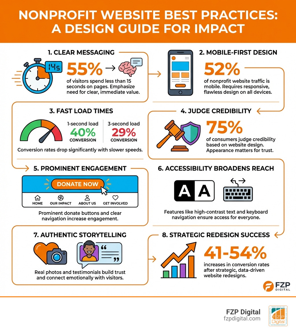 Infographic showing key nonprofit website best practices: 55% of visitors spend less than 15 seconds on pages emphasizing need for clear messaging; 52% of nonprofit website traffic is mobile requiring responsive design; conversion rates drop from 40% at 1-second load time to 29% at 3 seconds highlighting importance of speed; 75% of consumers judge credibility based on website design; prominent donate buttons and clear navigation increase engagement; accessibility features like high-contrast text and keyboard navigation broaden reach; authentic storytelling with real photos and testimonials builds trust; successful examples show 41-54% increases in conversion rates after strategic redesigns - best website design for nonprofits infographic Infographic showing key nonprofit website best practices: 55% of visitors spend less than 15 seconds on pages emphasizing need for clear messaging; 52% of nonprofit website traffic is mobile requiring responsive design; conversion rates drop from 40% at 1-second load time to 29% at 3 seconds highlighting importance of speed; 75% of consumers judge credibility based on website design; prominent donate buttons and clear navigation increase engagement; accessibility features like high-contrast text and keyboard navigation broaden reach; authentic storytelling with real photos and testimonials builds trust; successful examples show 41-54% increases in conversion rates after strategic redesigns - best website design for nonprofits infographic