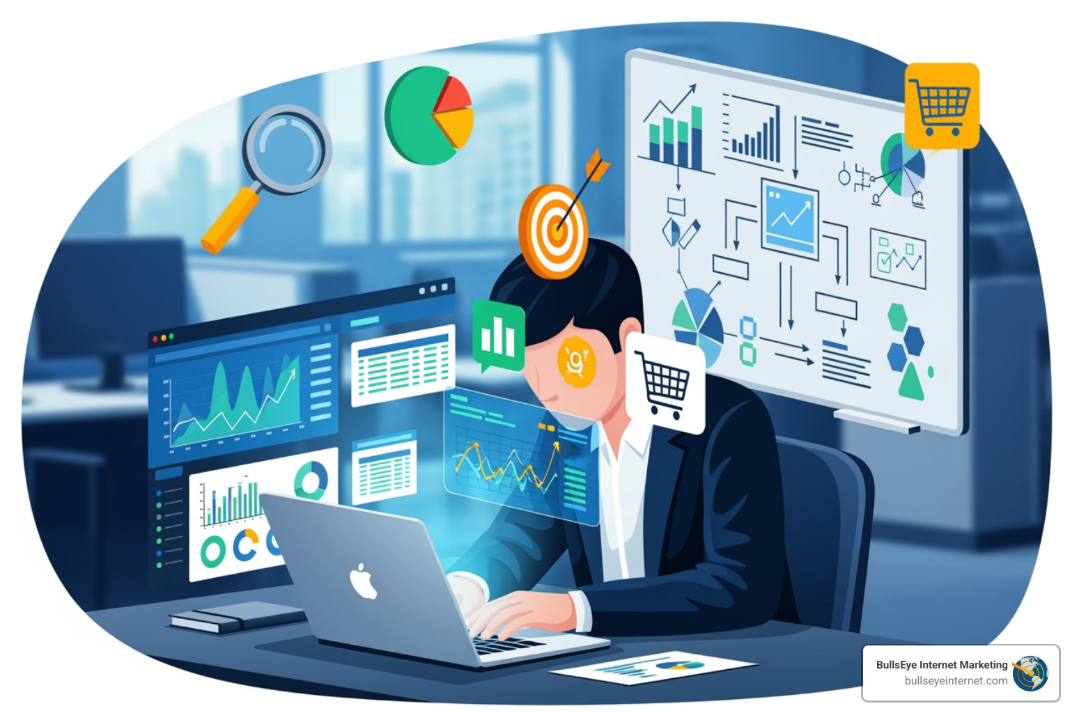 Business professional analyzing PPC data on laptop, surrounded by graphs, charts, and marketing icons, illustrating effective PPC audit strategies for optimizing ad spend.