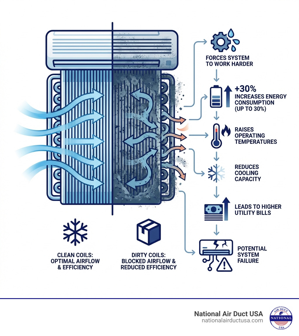 infographic showing how dirty AC coils reduce efficiency: dirty coils block airflow, force system to work harder, increase energy consumption by up to 30 percent, raise operating temperatures, reduce cooling capacity, and lead to higher utility bills and potential system failure