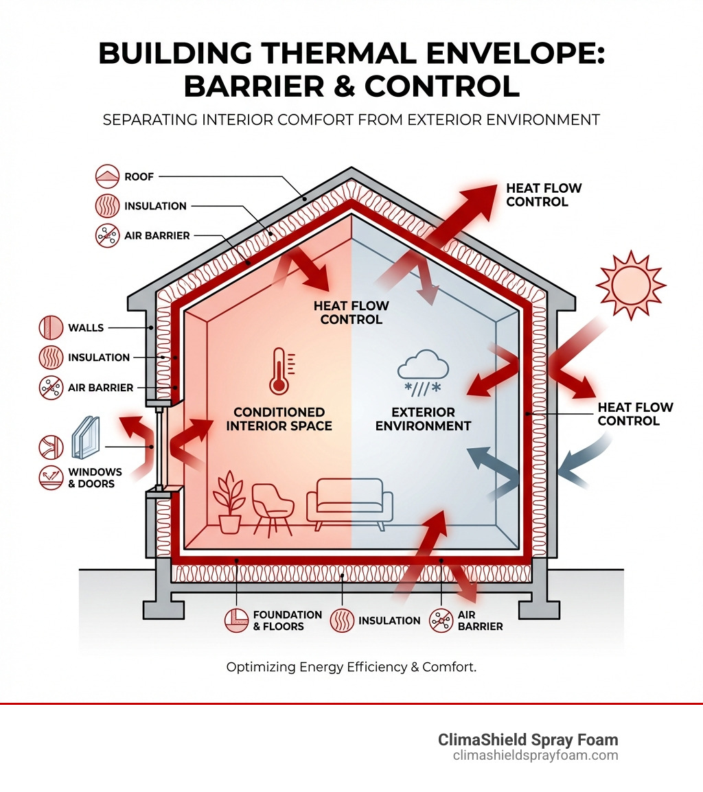 infographic showing building thermal envelope components separating conditioned interior space from exterior environment, with labeled layers including insulation, air barriers, windows, doors, walls, roof, and foundation, plus arrows indicating heat flow control - Building thermal envelope infographic 