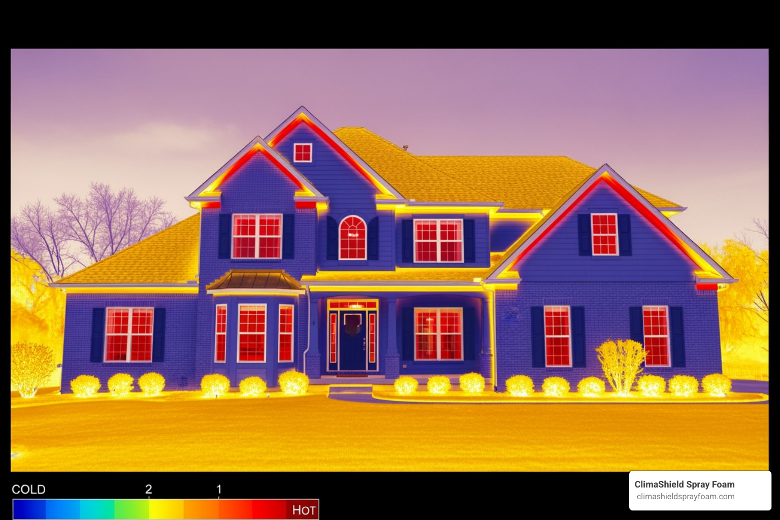 Thermal camera image showing heat loss from a home's thermal envelope - Building thermal envelope