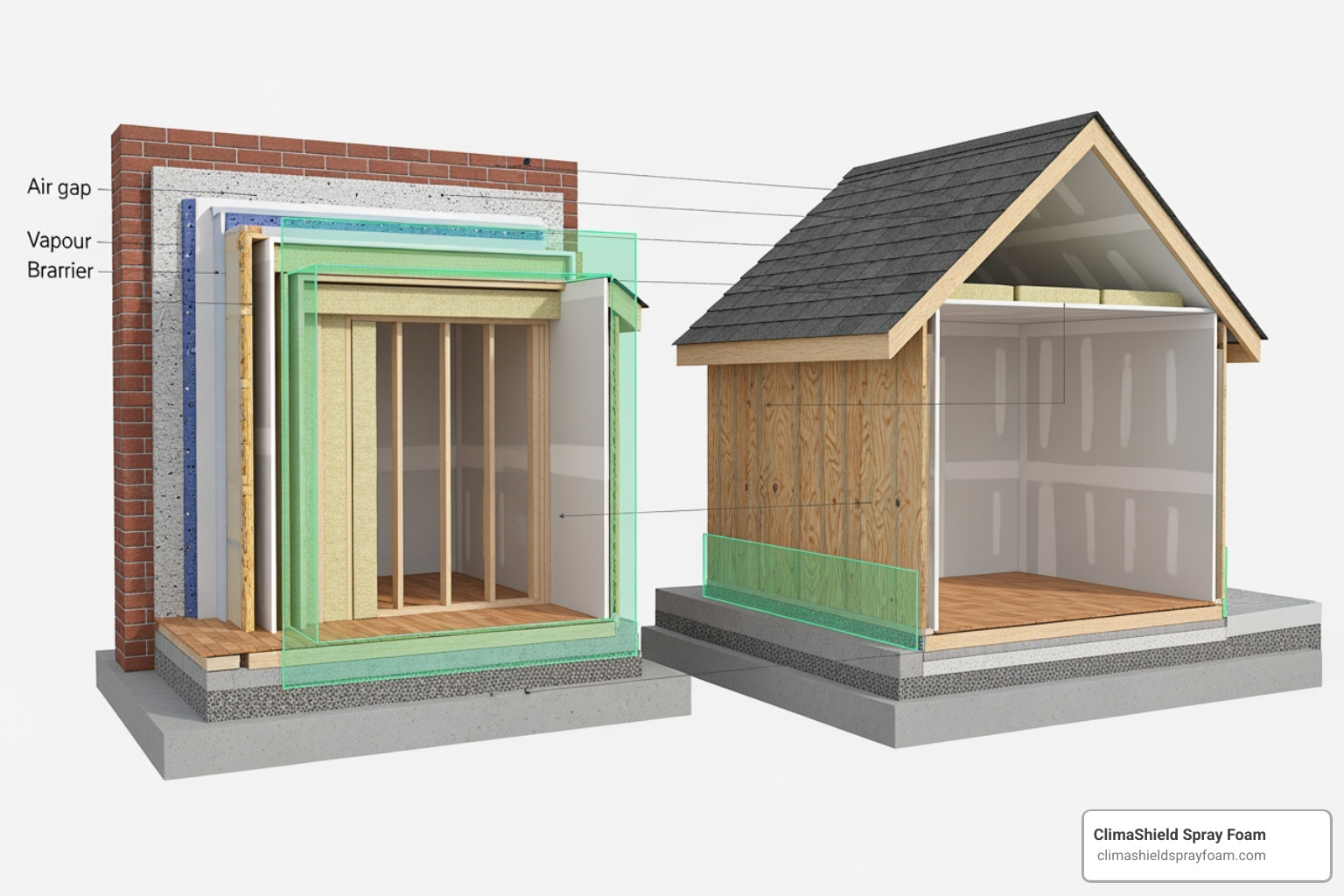 A detailed diagram showing the layers and components of a building's thermal envelope - Building thermal envelope