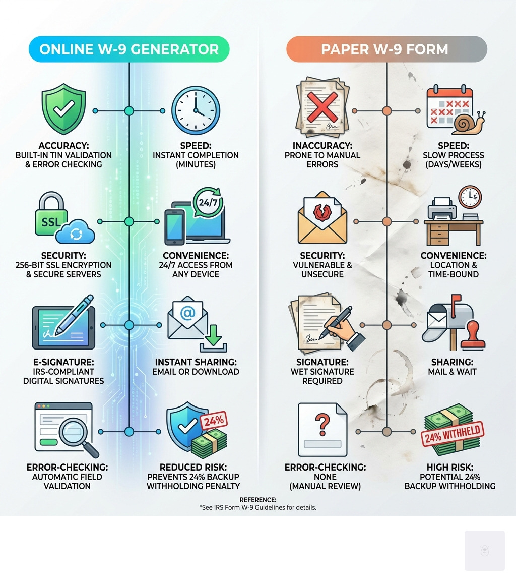 Infografía comparativa de formularios W9 en línea y en papel que muestra ocho ventajas clave: Precisión mediante la validación de TIN integrada y la verificación de errores, Velocidad con finalización instantánea en minutos en lugar de días, Seguridad mediante cifrado SSL de 256 bits y servidores seguros, Conveniencia con acceso 24/7 desde cualquier dispositivo, Capacidad de firma electrónica para firmas digitales que cumplen con las normas del IRS, Uso compartido instantáneo por correo electrónico o descarga, Verificación de errores con validación automática de campos y Reducción del riesgo de retención de respaldo al evitar la multa del 24% por información incorrecta, con un enlace de referencia a las Pautas del Formulario W-9 del IRS - Infografía del generador de W9 en línea 