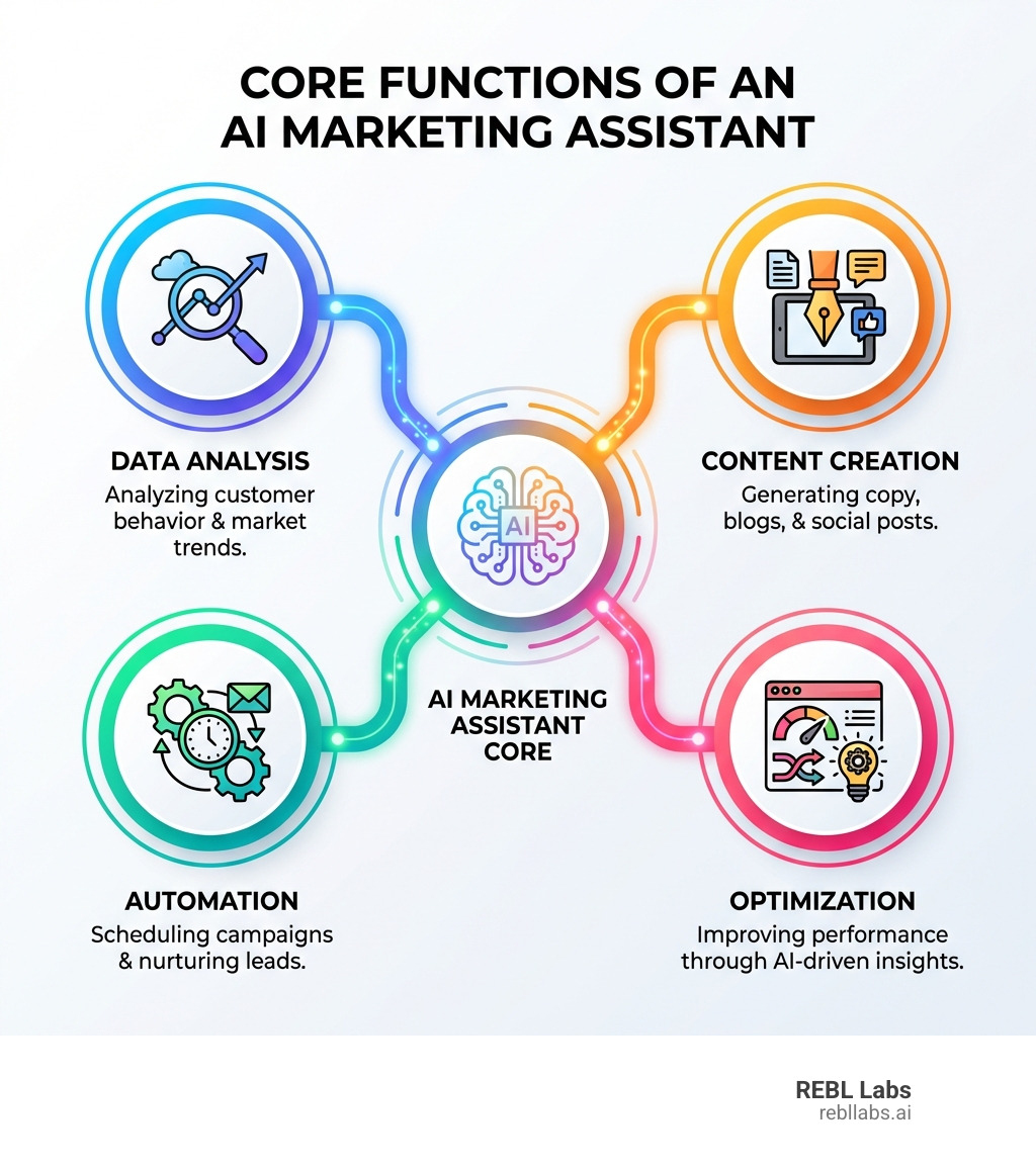 Infographic explaining the core functions of an AI marketing assistant: Data Analysis (analyzing customer behavior and market trends), Content Creation (generating copy, blogs, and social posts), Automation (scheduling campaigns and nurturing leads), and Optimization (improving performance through AI-driven insights) - AI marketing assistant infographic 