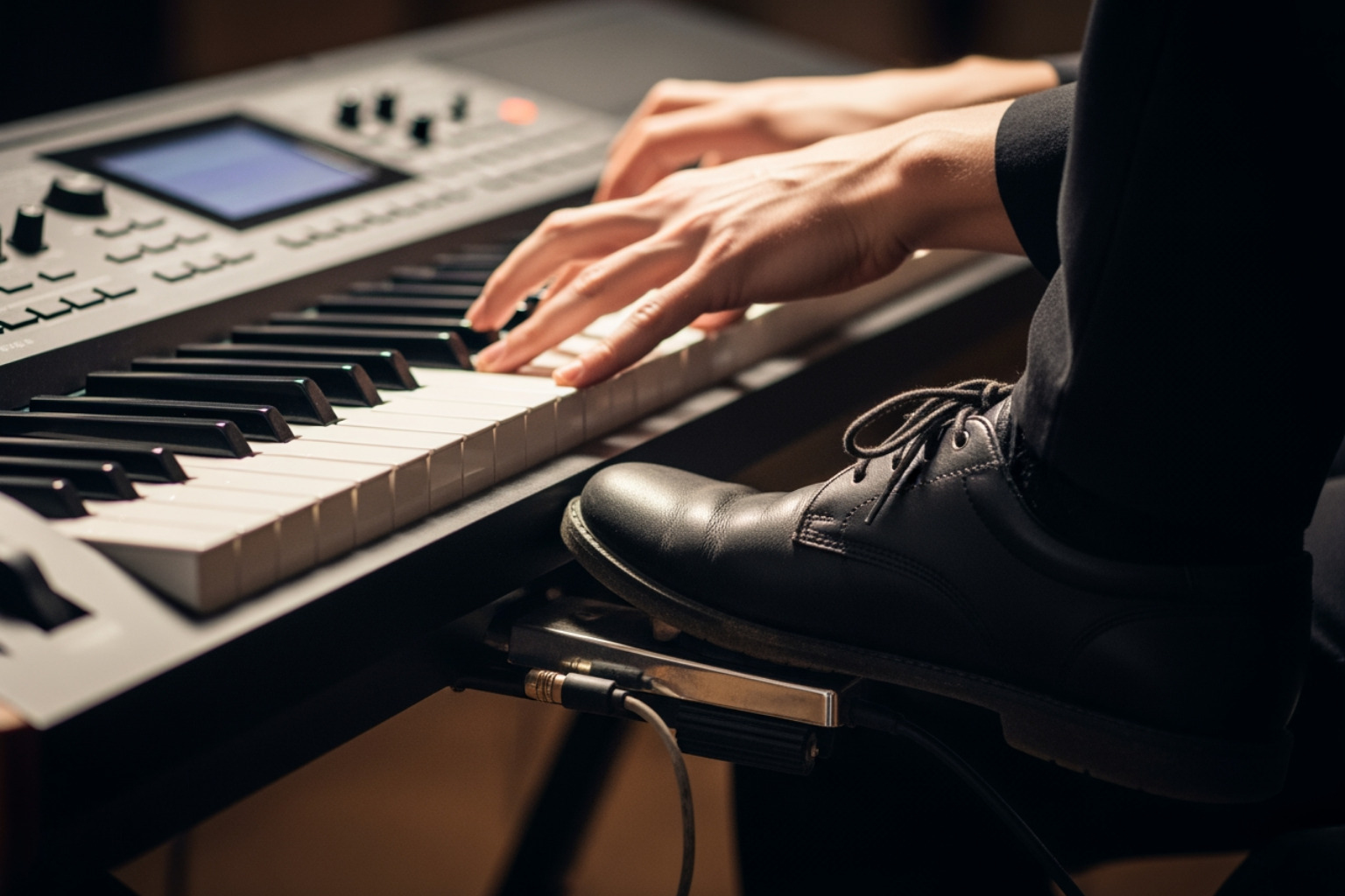 Person practicing piano with sustain pedal - electric keyboard pedal