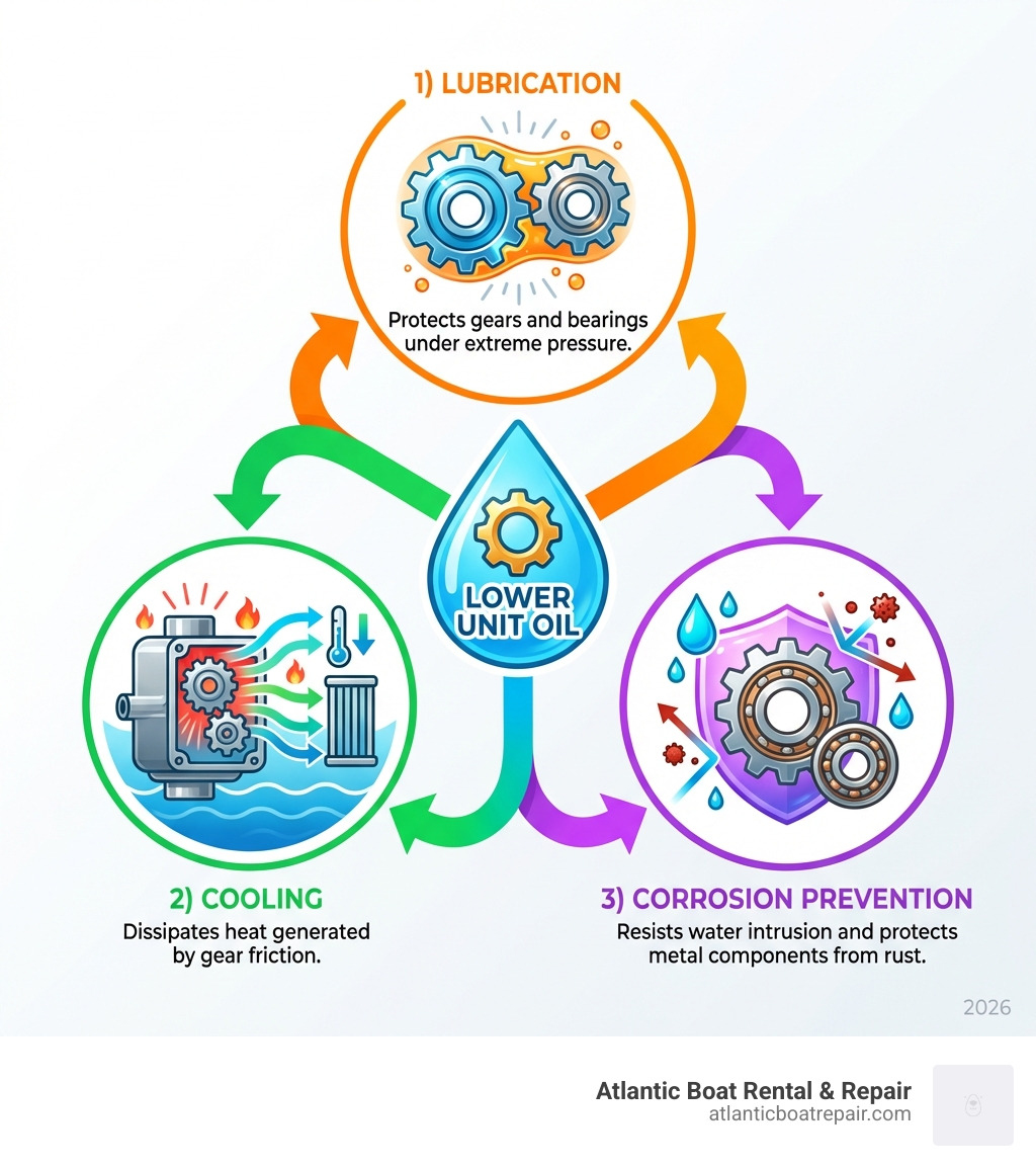 Infographic showing three primary functions of lower unit oil: 1) Lubrication - protects gears and bearings under extreme pressure, 2) Cooling - dissipates heat generated by gear friction, 3) Corrosion Prevention - resists water intrusion and protects metal components from rust - Lower unit oil infographic 