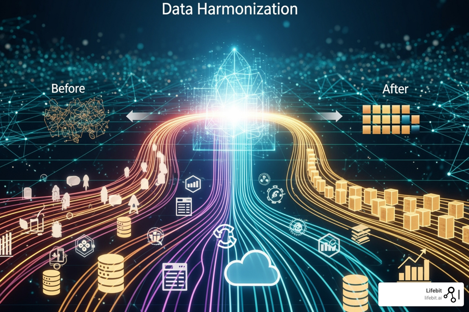 Icons representing healthcare, finance, and research industries, symbolizing the diverse applications of data harmonization. - Data harmonization services