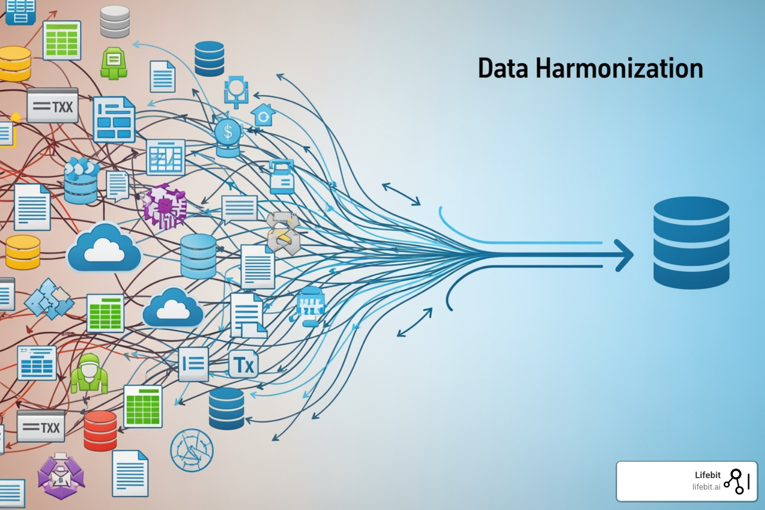 A five-step data harmonization workflow showing data ingestion, data profiling, data mapping, data transformation, and continuous monitoring, with arrows indicating flow and feedback loops. - Data harmonization services
