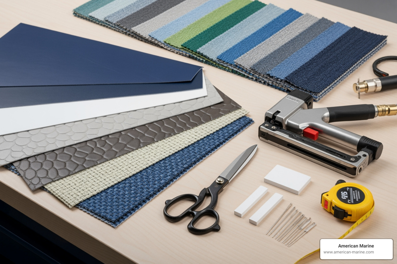 various marine upholstery materials (vinyl, fabric samples) and a layout of professional tools - Boat upholstery repair various marine upholstery materials (vinyl, fabric samples) and a layout of professional tools - Boat upholstery repair