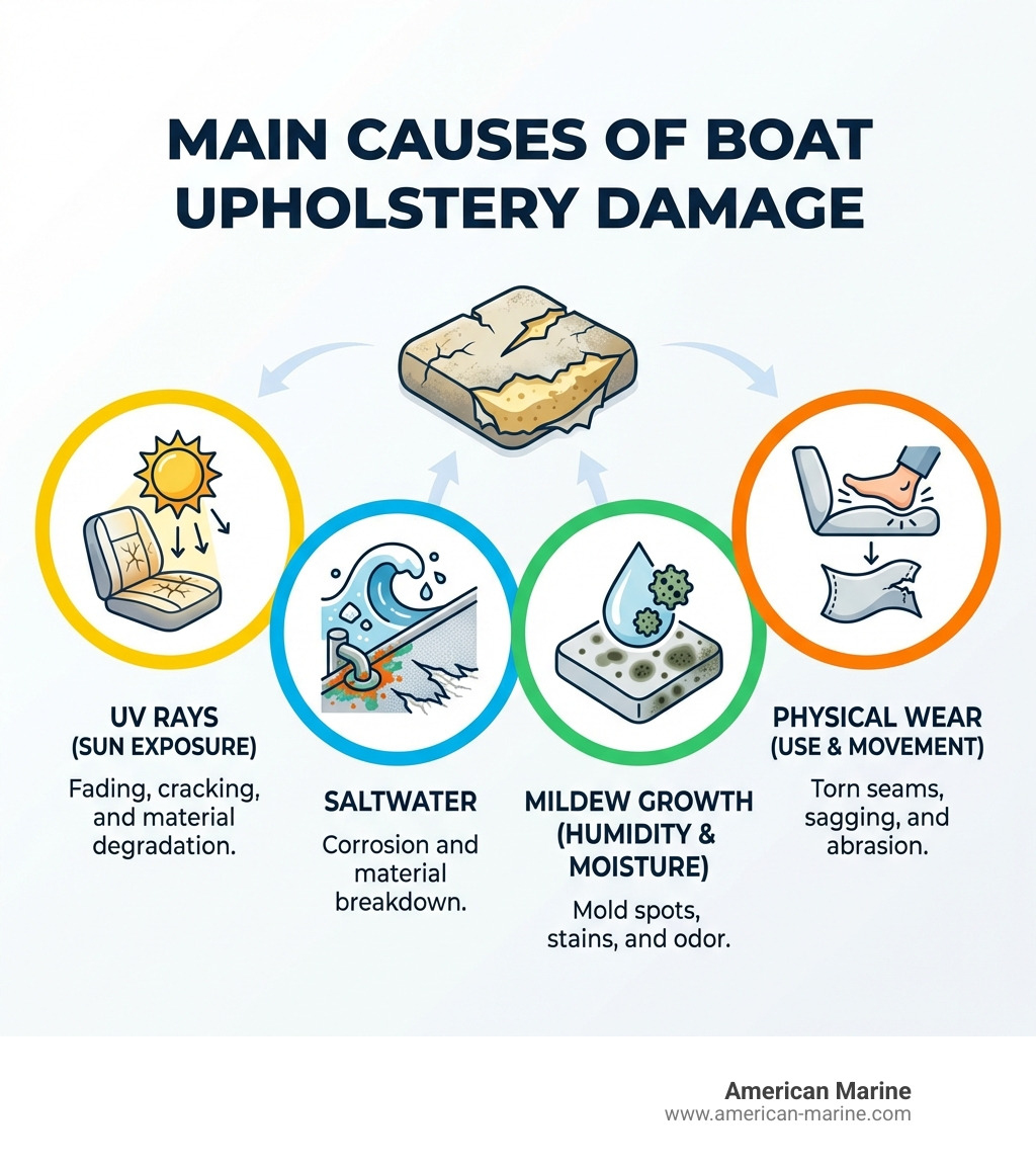 infographic showing the four main causes of boat upholstery damage with icons: UV rays from sun exposure causing fading and cracking, saltwater creating corrosion and material breakdown, mildew growth from humidity and moisture, and physical wear from regular use and movement - Boat upholstery repair infographic infographic showing the four main causes of boat upholstery damage with icons: UV rays from sun exposure causing fading and cracking, saltwater creating corrosion and material breakdown, mildew growth from humidity and moisture, and physical wear from regular use and movement - Boat upholstery repair infographic