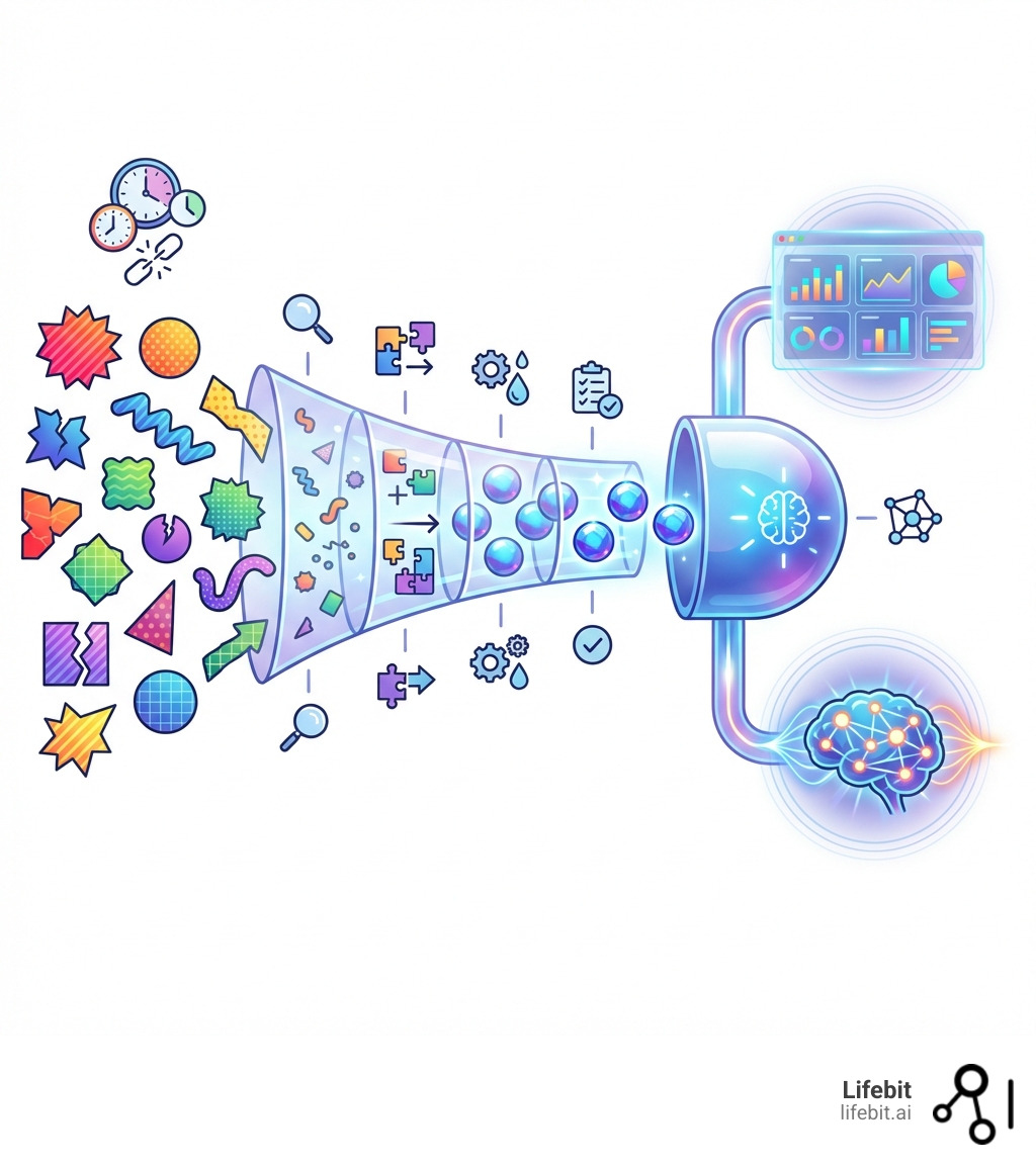 Infographic showing the journey from multiple disparate data sources with inconsistent formats and standards flowing through a harmonization process including data profiling, schema mapping, transformation, and quality validation, resulting in a unified analysis-ready dataset feeding into analytics dashboards and AI models - Data harmonization services infographic 