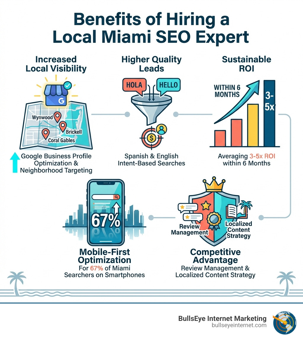 Infographic showing the benefits of hiring a local Miami SEO expert: increased local visibility through Google Business Profile optimization and neighborhood targeting, higher quality leads from users searching with intent in Spanish and English, sustainable ROI averaging 3-5x within 6 months, mobile-first optimization for the 67% of Miami searchers on smartphones, and competitive advantage through review management and localized content strategy - seo expert in miami infographic Infographic showing the benefits of hiring a local Miami SEO expert: increased local visibility through Google Business Profile optimization and neighborhood targeting, higher quality leads from users searching with intent in Spanish and English, sustainable ROI averaging 3-5x within 6 months, mobile-first optimization for the 67% of Miami searchers on smartphones, and competitive advantage through review management and localized content strategy - seo expert in miami infographic