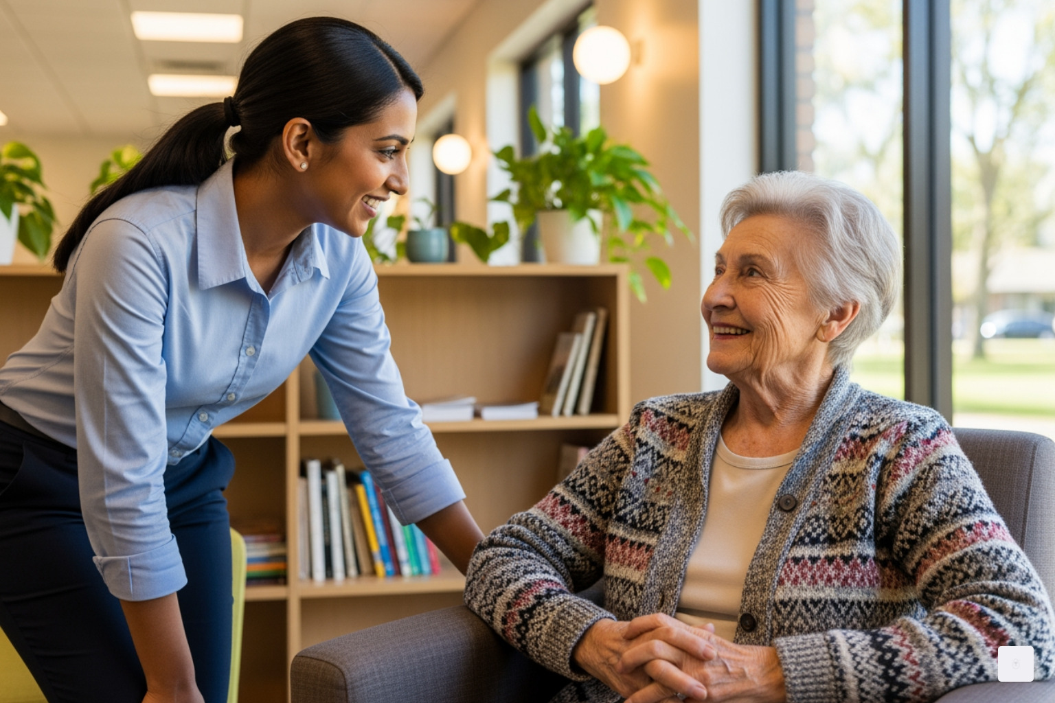 A service coordinator compassionately listening to an older adult in a community space, both smiling - service coordinator jobs A service coordinator compassionately listening to an older adult in a community space, both smiling - service coordinator jobs