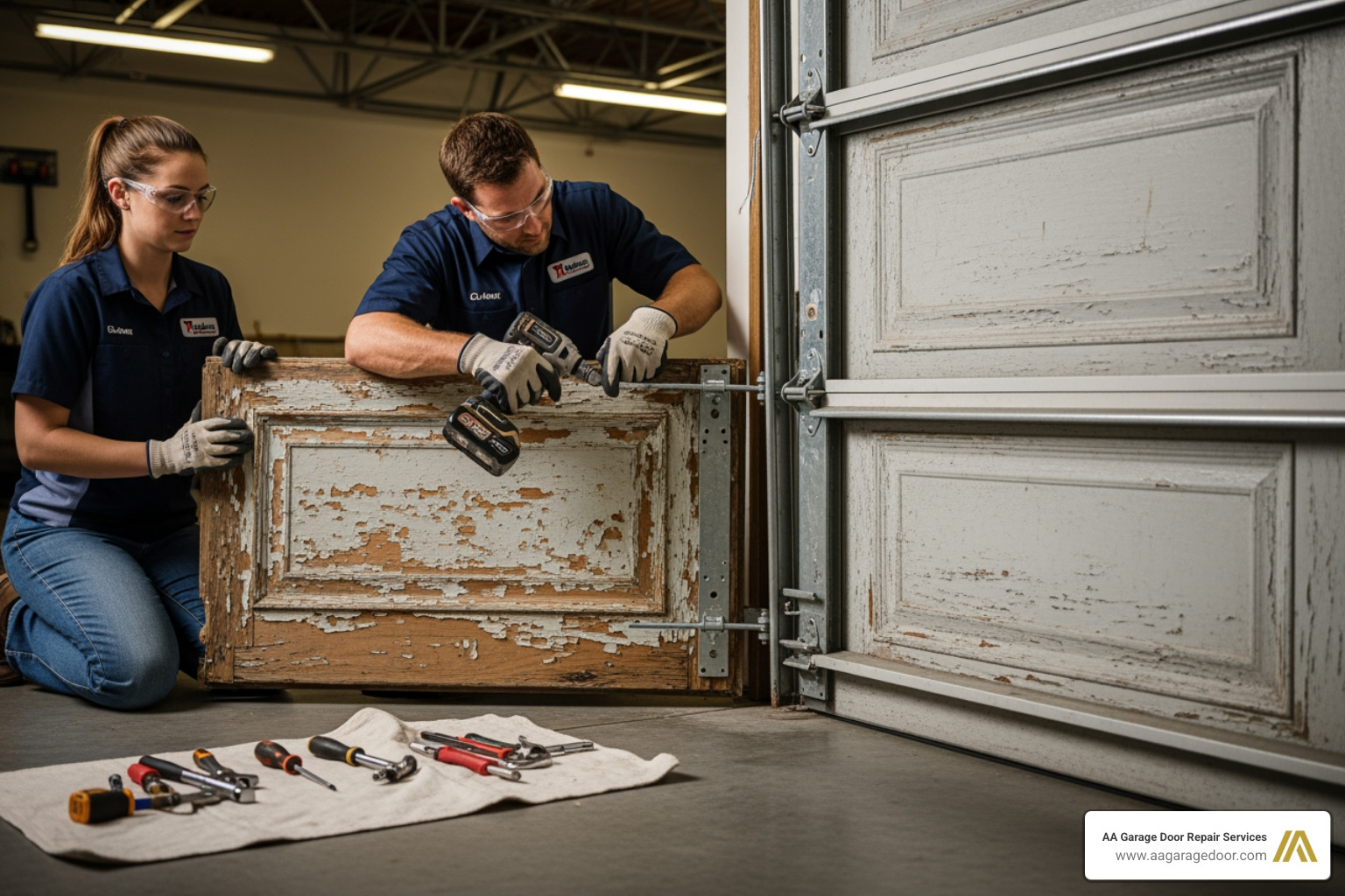 professional technicians carefully dismantling an old garage door section by section - full garage door replacement