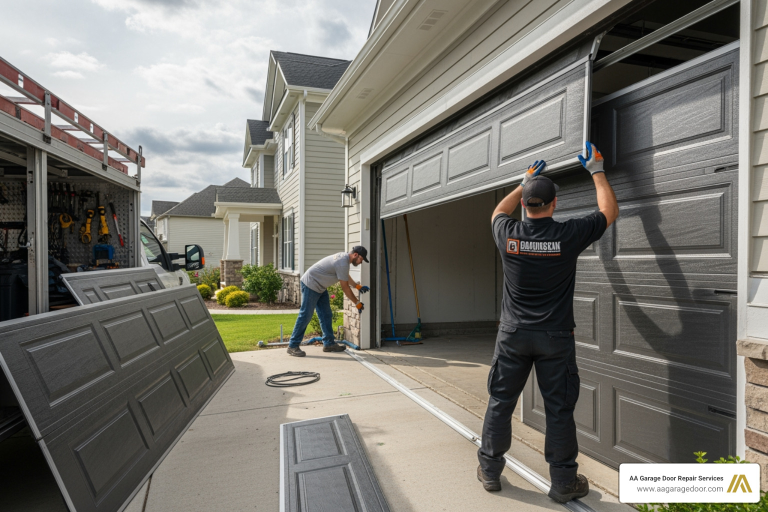 visibly damaged, rusted, and dented old garage door - full garage door replacement