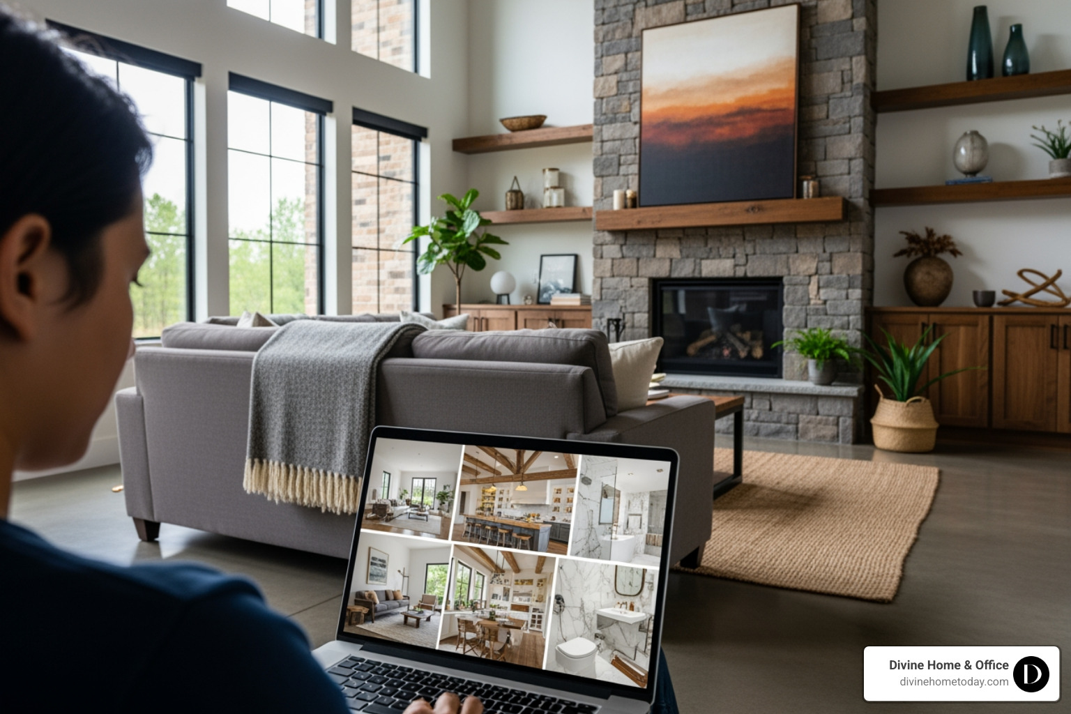 person browsing Divine Home & Office designer portfolios on a laptop - interior design packages online person browsing Divine Home & Office designer portfolios on a laptop - interior design packages online