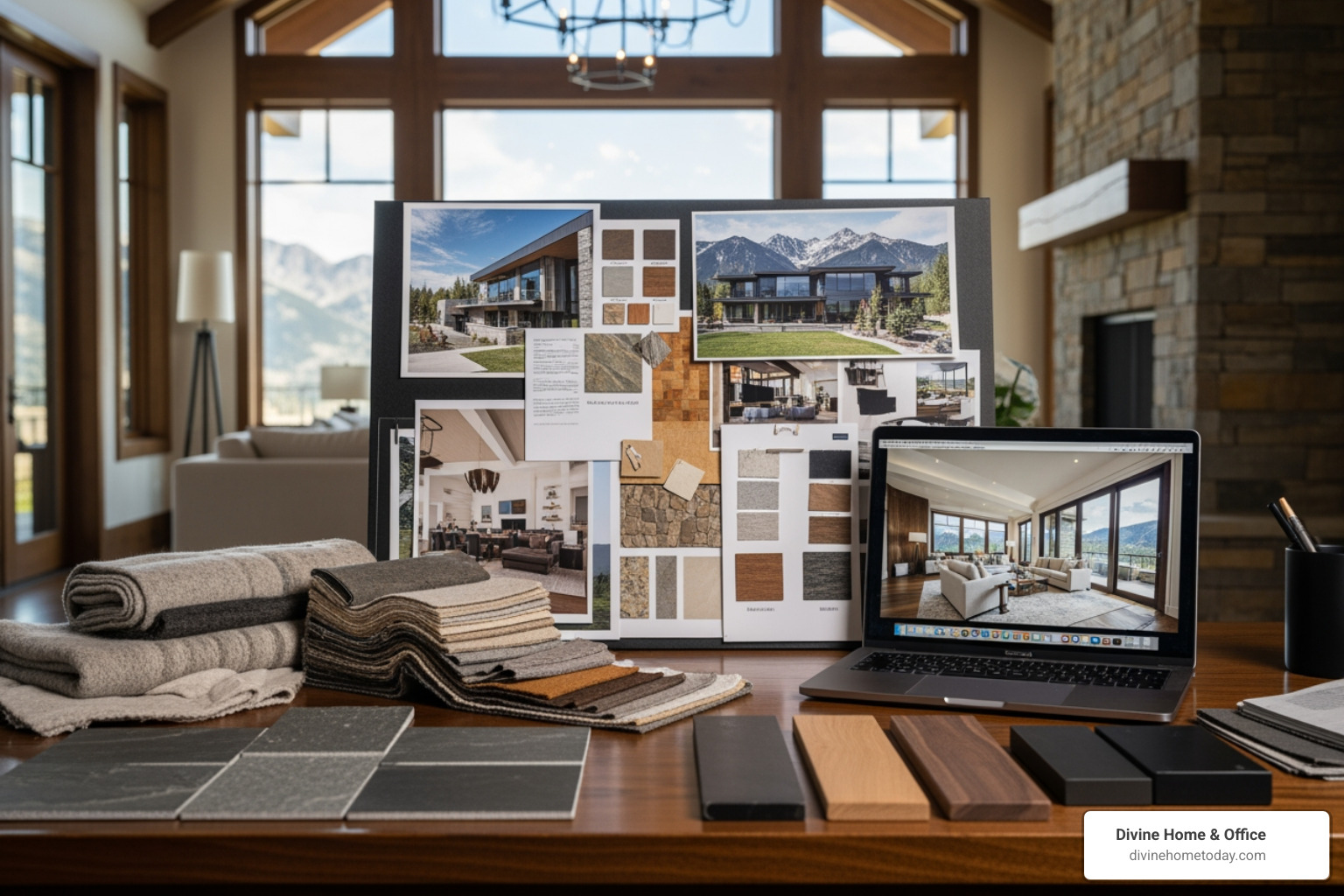 designer’s desk with fabric swatches, a laptop showing a 3D model, and a mood board - interior design packages online designer’s desk with fabric swatches, a laptop showing a 3D model, and a mood board - interior design packages online