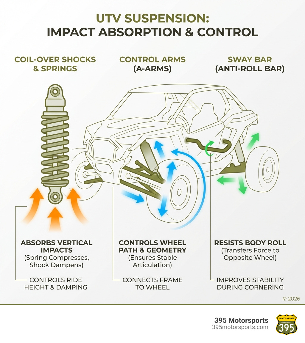 Infographic showing UTV suspension components: coil-over shocks with springs, upper and lower control arms (A-arms), and sway bar, with arrows indicating how each component absorbs impacts and controls wheel movement - UTV suspension setup infographic Infographic showing UTV suspension components: coil-over shocks with springs, upper and lower control arms (A-arms), and sway bar, with arrows indicating how each component absorbs impacts and controls wheel movement - UTV suspension setup infographic