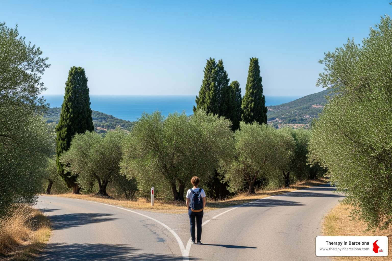 A person standing at a crossroads in a peaceful Mediterranean landscape - Therapy for life transitions