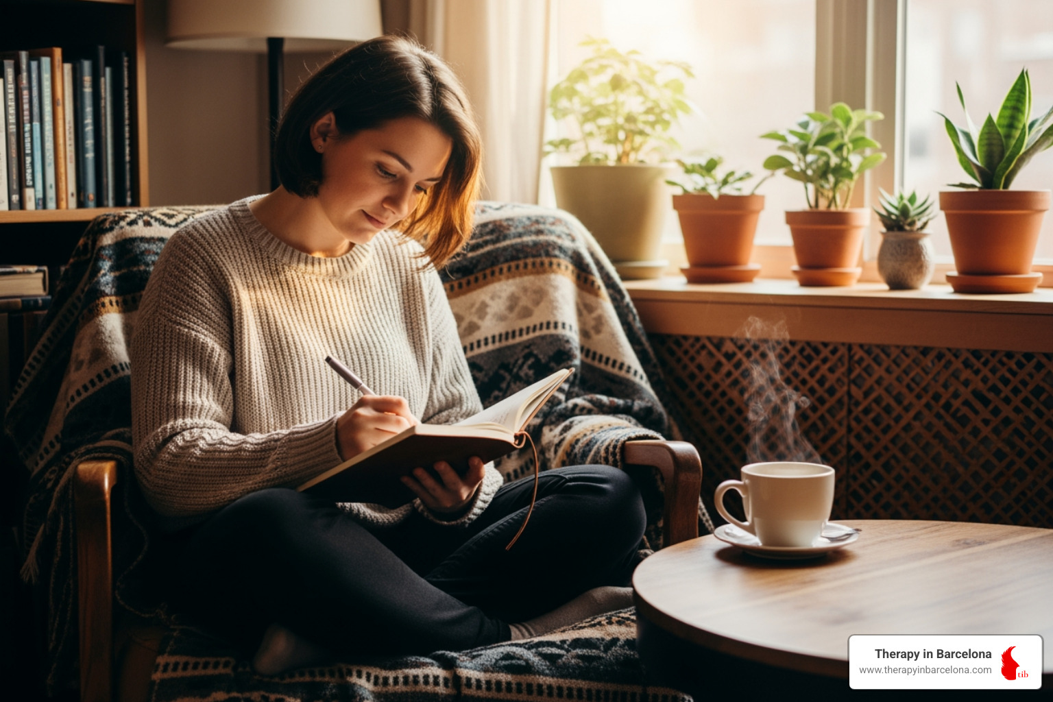 A person journaling with a cup of tea in a cozy setting - Therapy for life transitions