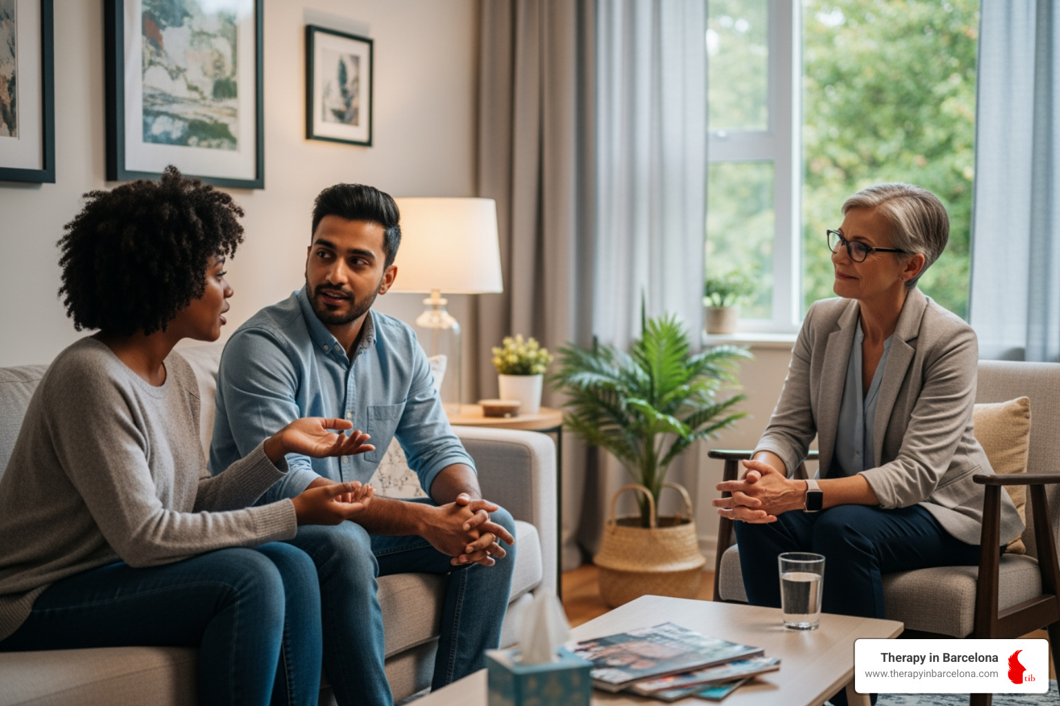 A therapist and a couple in a collaborative, non-clinical session, sitting comfortably, therapist listening attentively, couple engaged in discussion. - narrative therapy with intercultural couples a case study