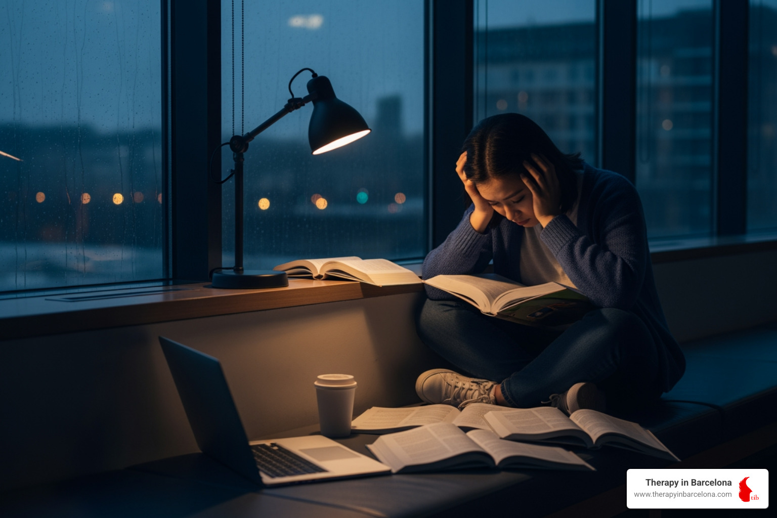 International student in a library looking overwhelmed by academic pressure and financial worries - international student mental health