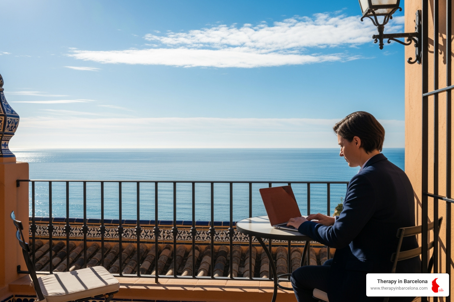 Professional working on laptop at sunny Spanish balcony overlooking Mediterranean - english speaking jobs in spain