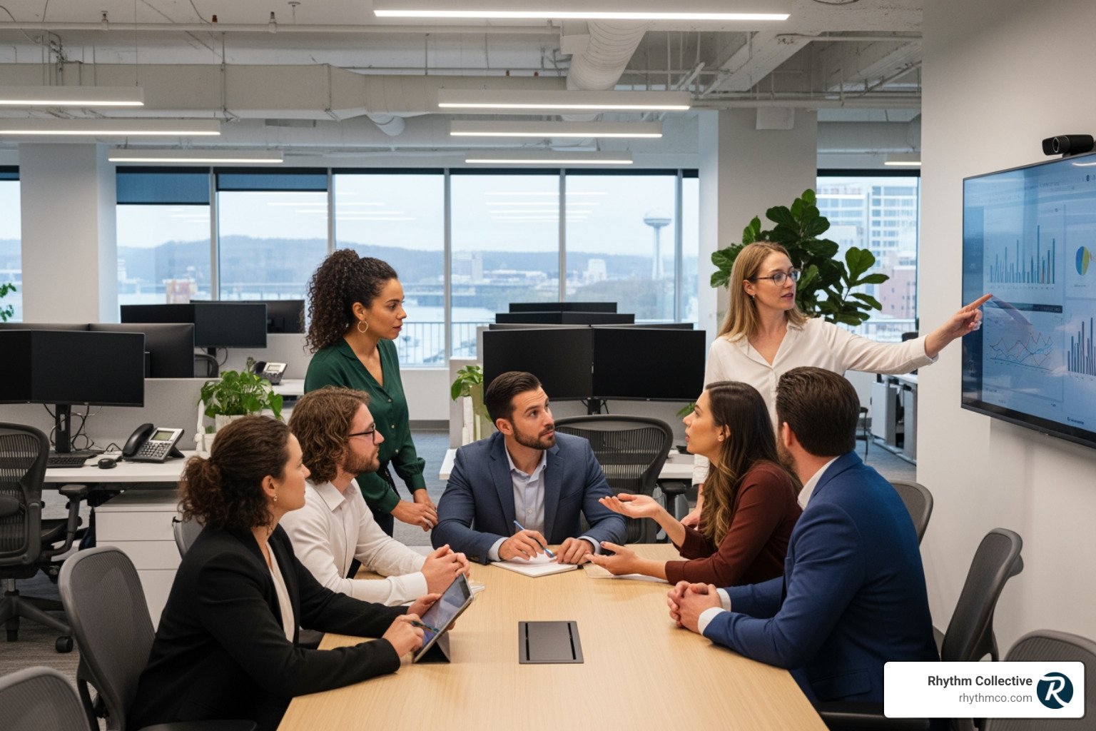 team collaborating in a modern Knoxville office space - Creative agency Knoxville team collaborating in a modern Knoxville office space - Creative agency Knoxville