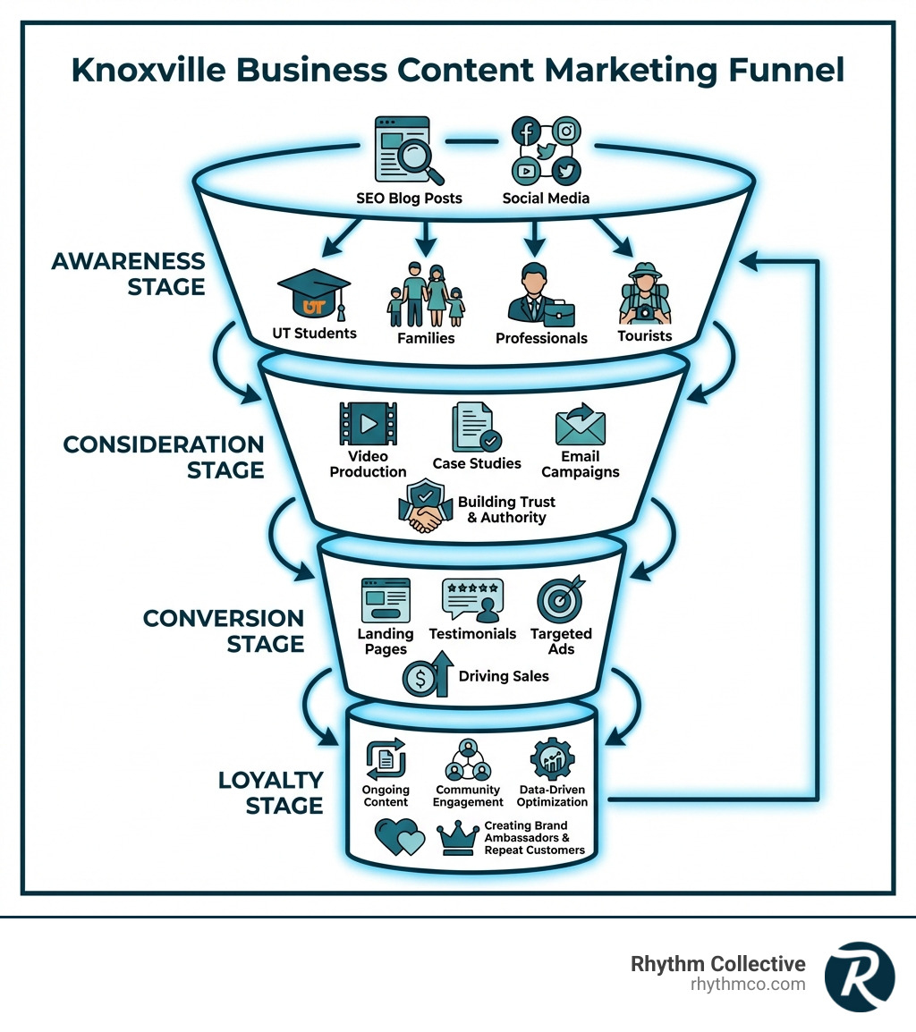 Infographic showing the content marketing funnel for Knoxville businesses: Awareness stage with SEO blog posts and social media reaching diverse local audiences including UT students, families, professionals, and tourists; Consideration stage with video production, case studies, and email campaigns building trust and authority; Conversion stage with landing pages, testimonials, and targeted ads driving sales; Loyalty stage with ongoing content, community engagement, and data-driven optimization creating brand ambassadors and repeat customers - Content creation Knoxville infographic Infographic showing the content marketing funnel for Knoxville businesses: Awareness stage with SEO blog posts and social media reaching diverse local audiences including UT students, families, professionals, and tourists; Consideration stage with video production, case studies, and email campaigns building trust and authority; Conversion stage with landing pages, testimonials, and targeted ads driving sales; Loyalty stage with ongoing content, community engagement, and data-driven optimization creating brand ambassadors and repeat customers - Content creation Knoxville infographic