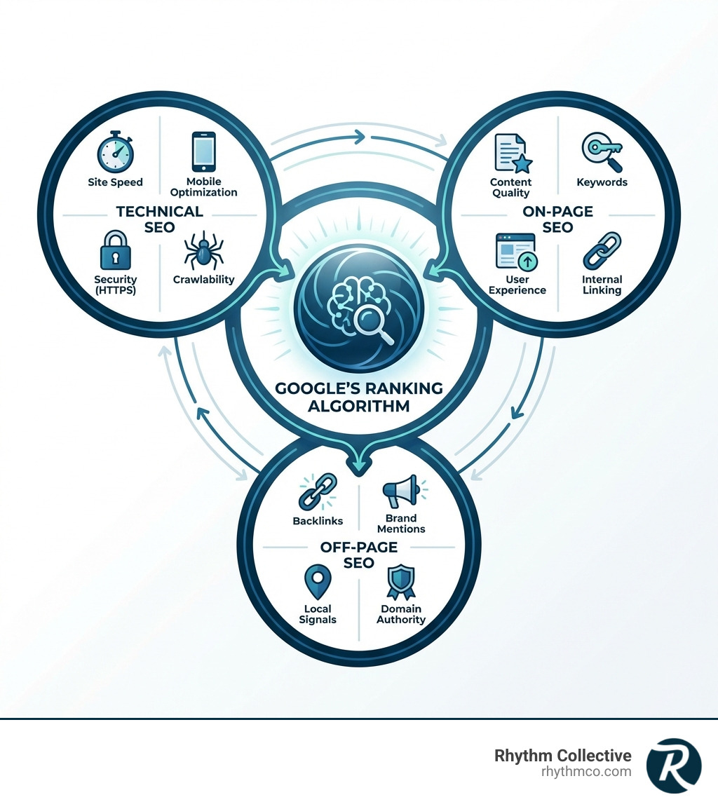 Infographic showing three interconnected circles labeled Technical SEO (site speed, mobile optimization, security, crawlability), On-Page SEO (content quality, keywords, user experience, internal linking), and Off-Page SEO (backlinks, brand mentions, local signals, domain authority) with Google's ranking algorithm at the center - Improve Google ranking infographic 