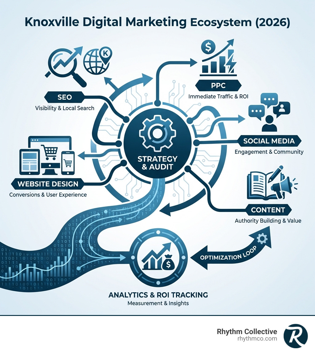 Infographic showing the digital marketing ecosystem for Knoxville businesses: Starting with Strategy & Audit at the center, branching to SEO for visibility, PPC for immediate traffic, Social Media for engagement, Content for authority building, and Website Design for conversions, all feeding into Analytics & ROI tracking that loops back to strategy optimization - Digital marketing consultant Knoxville infographic Infographic showing the digital marketing ecosystem for Knoxville businesses: Starting with Strategy & Audit at the center, branching to SEO for visibility, PPC for immediate traffic, Social Media for engagement, Content for authority building, and Website Design for conversions, all feeding into Analytics & ROI tracking that loops back to strategy optimization - Digital marketing consultant Knoxville infographic