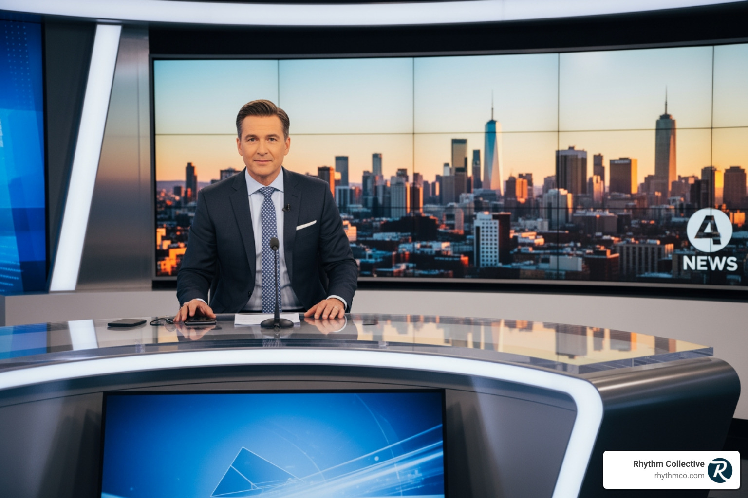 A local news anchor presenting from a broadcast set - media companies knoxville tn