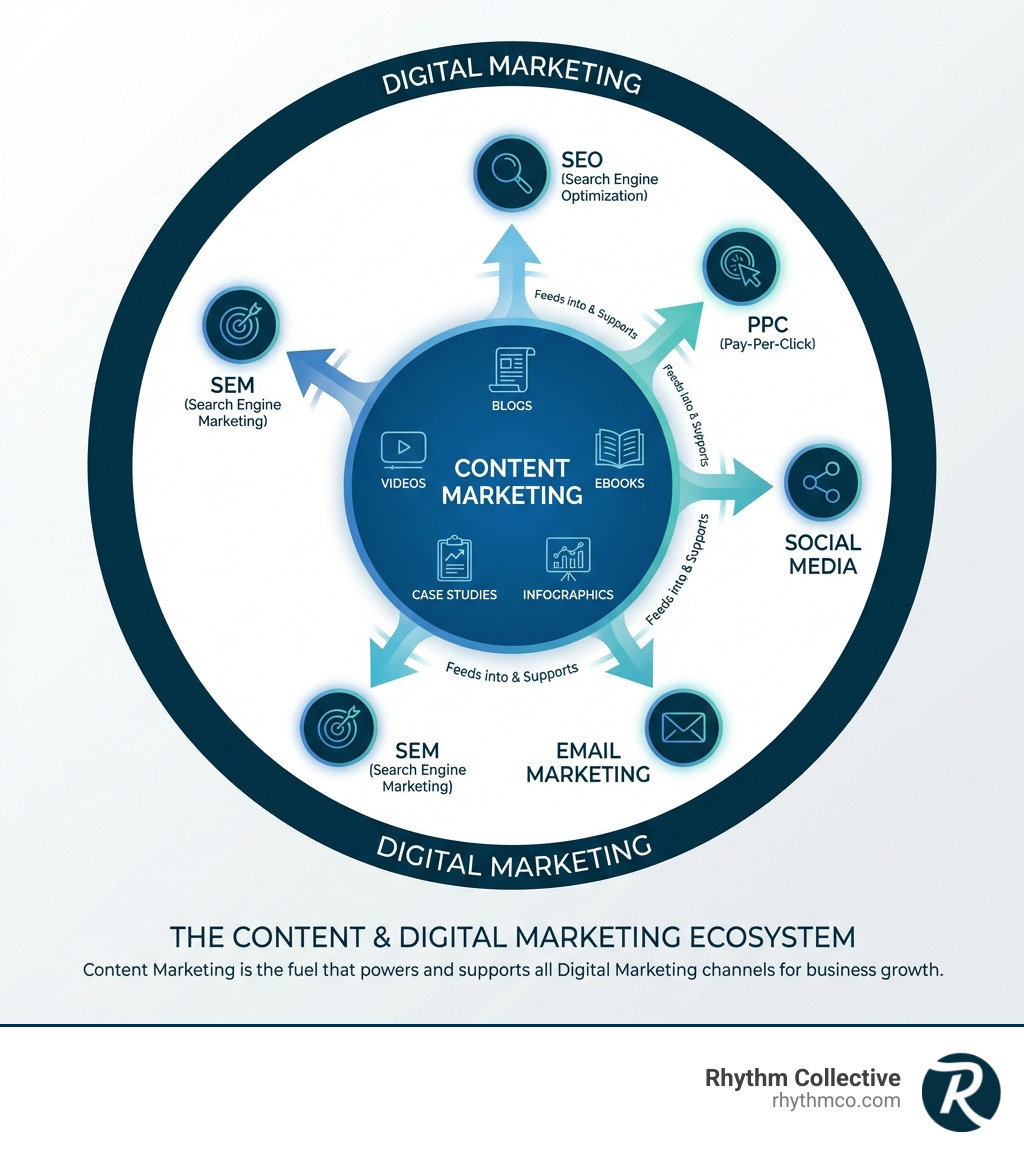 Infographic showing the relationship between content marketing and digital marketing: Content Marketing sits inside a larger circle labeled Digital Marketing. Digital Marketing includes channels like SEO, PPC, Social Media, Email, and SEM. Content Marketing includes tactics like Blogs, Videos, Ebooks, Case Studies, and Infographics. Arrows show how content feeds into and supports each digital channel. - content and digital marketing infographic Infographic showing the relationship between content marketing and digital marketing: Content Marketing sits inside a larger circle labeled Digital Marketing. Digital Marketing includes channels like SEO, PPC, Social Media, Email, and SEM. Content Marketing includes tactics like Blogs, Videos, Ebooks, Case Studies, and Infographics. Arrows show how content feeds into and supports each digital channel. - content and digital marketing infographic