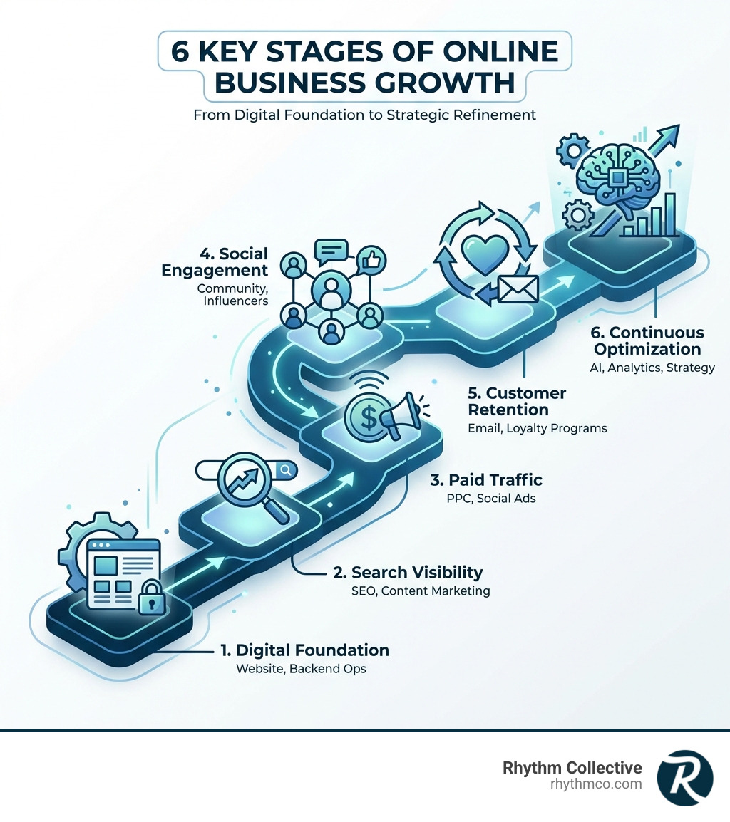Infographic showing the 6 key stages of online business growth: 1. Digital Foundation (website, backend operations), 2. Search Visibility (SEO, content marketing), 3. Paid Traffic (PPC, social ads), 4. Social Engagement (community building, influencer partnerships), 5. Customer Retention (email marketing, loyalty programs), 6. Continuous Optimization (AI tools, analytics, strategic refinement) - Grow my business online infographic Infographic showing the 6 key stages of online business growth: 1. Digital Foundation (website, backend operations), 2. Search Visibility (SEO, content marketing), 3. Paid Traffic (PPC, social ads), 4. Social Engagement (community building, influencer partnerships), 5. Customer Retention (email marketing, loyalty programs), 6. Continuous Optimization (AI tools, analytics, strategic refinement) - Grow my business online infographic