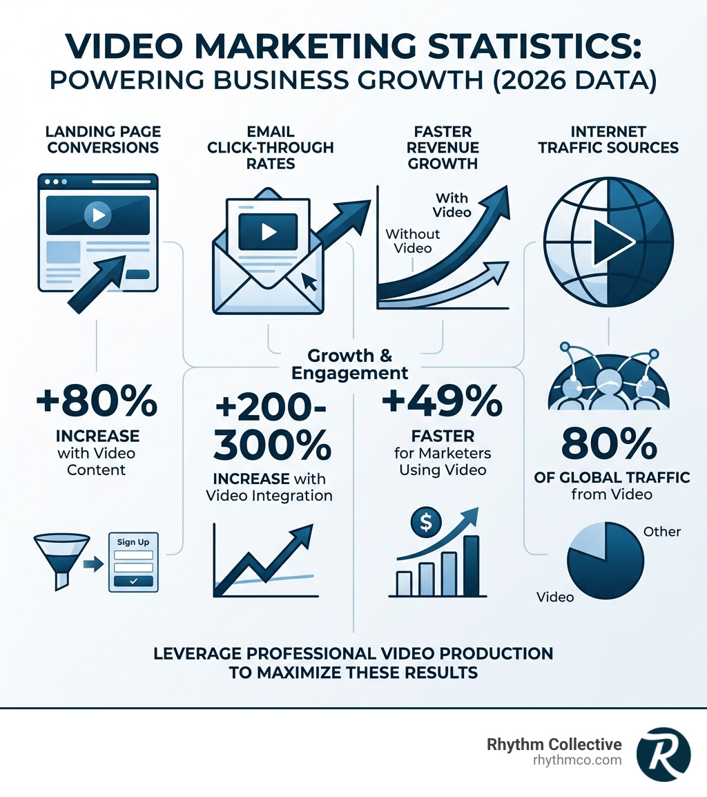 infographic showing video marketing statistics: 80% increase in landing page conversions with video, 200-300% increase in email click-through rates with video, 49% faster revenue growth for marketers using video, and 80% of internet traffic from video sources - Knoxville video producers infographic infographic showing video marketing statistics: 80% increase in landing page conversions with video, 200-300% increase in email click-through rates with video, 49% faster revenue growth for marketers using video, and 80% of internet traffic from video sources - Knoxville video producers infographic
