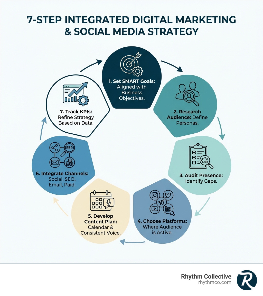 Infographic showing 7 key steps to building an integrated digital marketing and social media strategy: 1. Set SMART goals aligned with business objectives, 2. Research and define your target audience with personas, 3. Audit your current digital presence and identify gaps, 4. Choose platforms where your audience is active, 5. Develop content plan with calendar and consistent brand voice, 6. Integrate social with SEO, email, and paid advertising, 7. Track KPIs and refine strategy based on performance data - digital marketing and social media strategy infographic Infographic showing 7 key steps to building an integrated digital marketing and social media strategy: 1. Set SMART goals aligned with business objectives, 2. Research and define your target audience with personas, 3. Audit your current digital presence and identify gaps, 4. Choose platforms where your audience is active, 5. Develop content plan with calendar and consistent brand voice, 6. Integrate social with SEO, email, and paid advertising, 7. Track KPIs and refine strategy based on performance data - digital marketing and social media strategy infographic