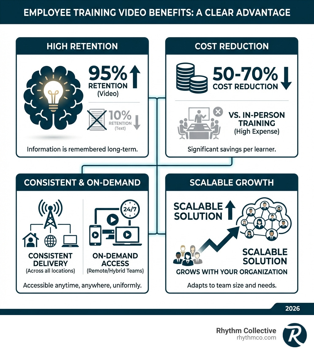 Infographic comparing employee training video benefits: 95% retention rate vs 10% for text, 50-70% cost reduction vs in-person training, consistent delivery across locations, on-demand access for remote teams, and scalable growth with your organization - Employee training video infographic Infographic comparing employee training video benefits: 95% retention rate vs 10% for text, 50-70% cost reduction vs in-person training, consistent delivery across locations, on-demand access for remote teams, and scalable growth with your organization - Employee training video infographic