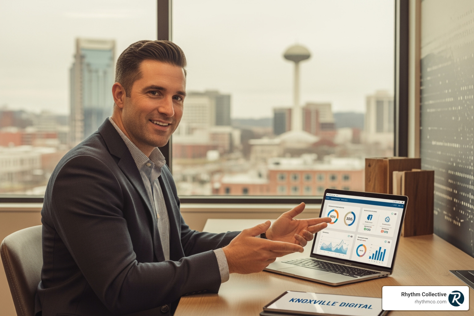 A marketing strategy session with team members collaborating around a whiteboard, showing charts and growth metrics - Digital marketing consultant Knoxville A marketing strategy session with team members collaborating around a whiteboard, showing charts and growth metrics - Digital marketing consultant Knoxville