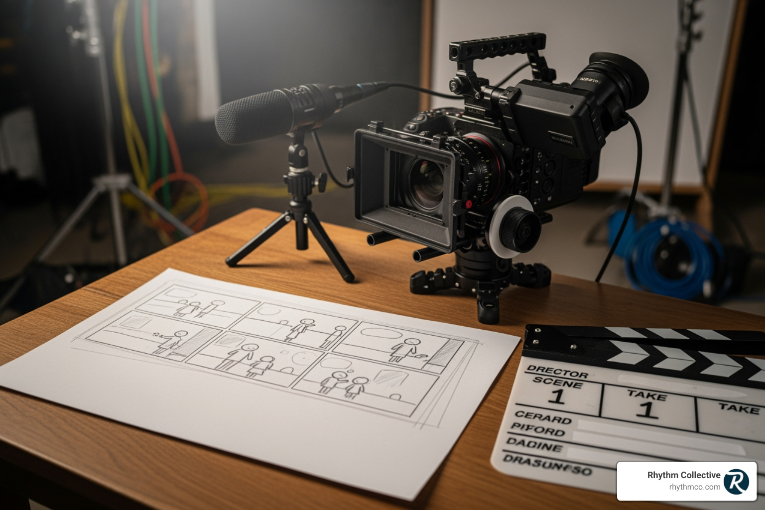 storyboard sketch next to a camera and microphone - Employee training video storyboard sketch next to a camera and microphone - Employee training video