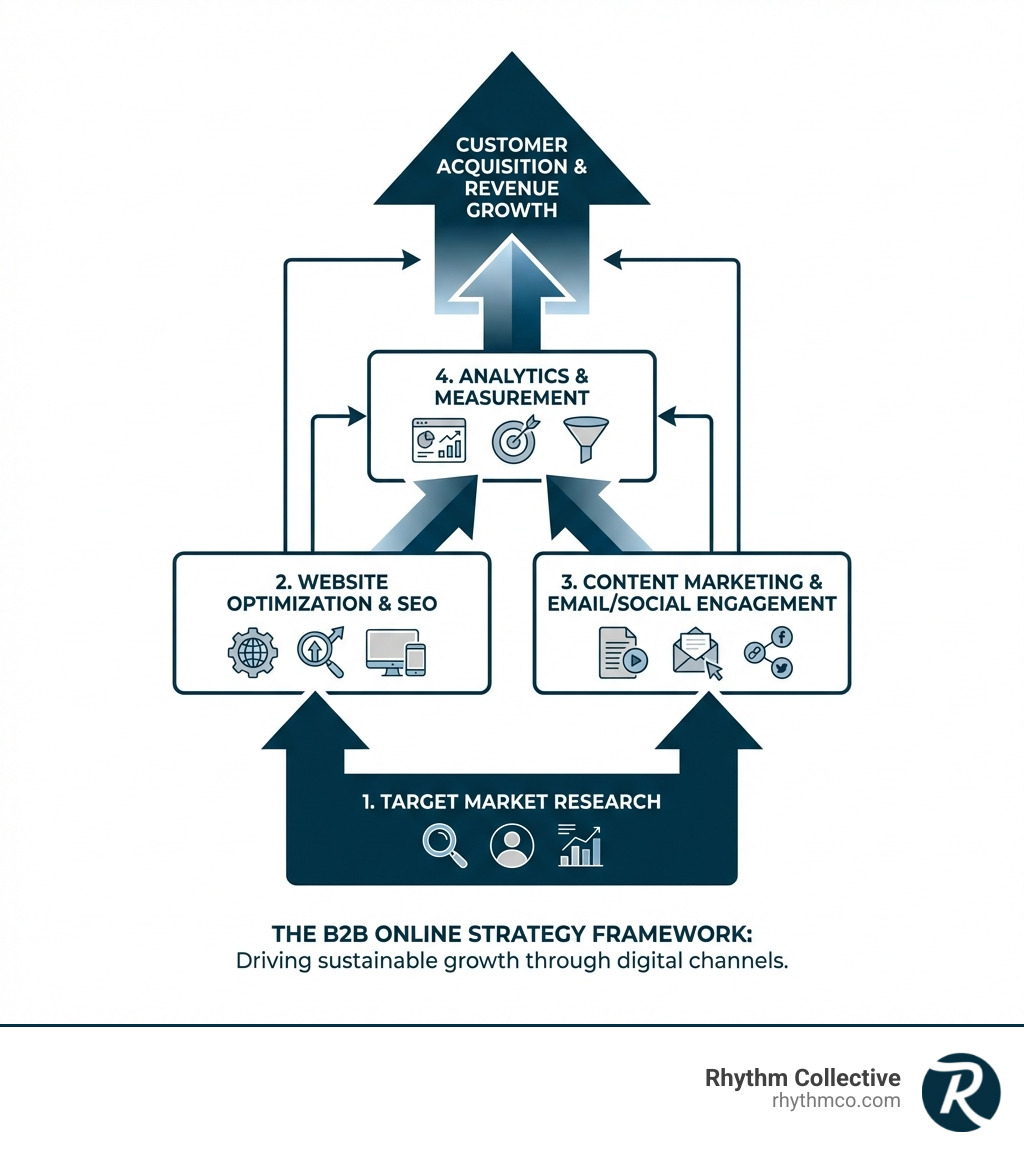 infographic showing the B2B online strategy framework with six connected components: target market research at the foundation, then website optimization and SEO for visibility, content marketing and email/social for engagement, and analytics/measurement at the top, with arrows showing how each component feeds into customer acquisition and revenue growth - b2b online strategy infographic infographic showing the B2B online strategy framework with six connected components: target market research at the foundation, then website optimization and SEO for visibility, content marketing and email/social for engagement, and analytics/measurement at the top, with arrows showing how each component feeds into customer acquisition and revenue growth - b2b online strategy infographic