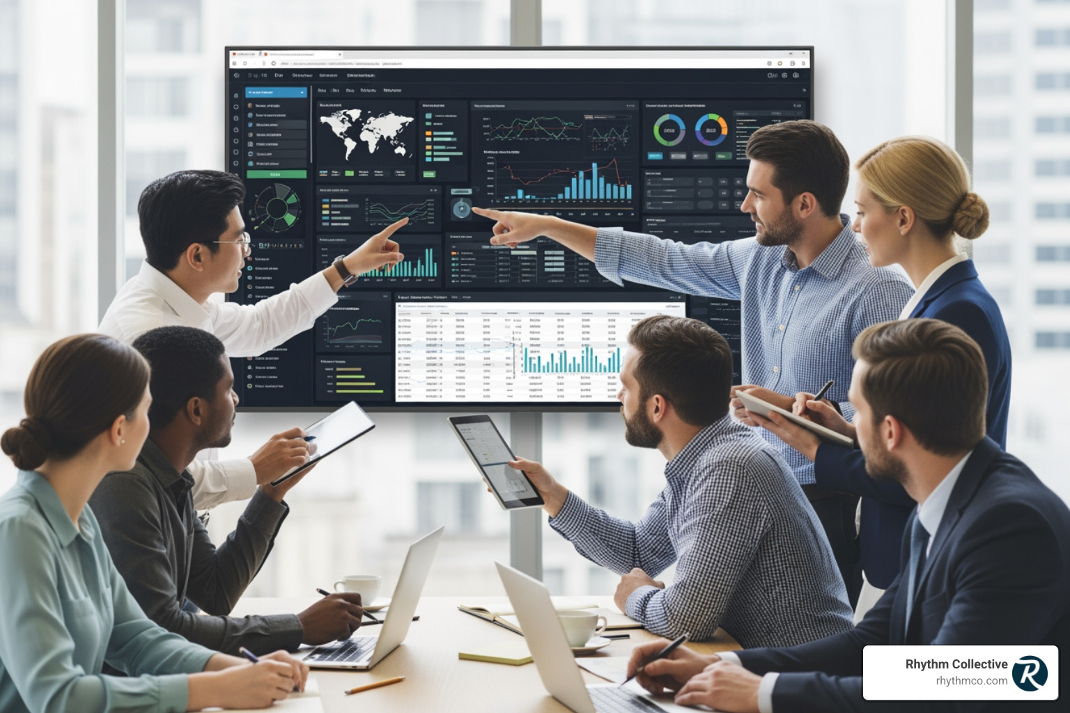 team collaborating around a data dashboard - Marketing for profit team collaborating around a data dashboard - Marketing for profit