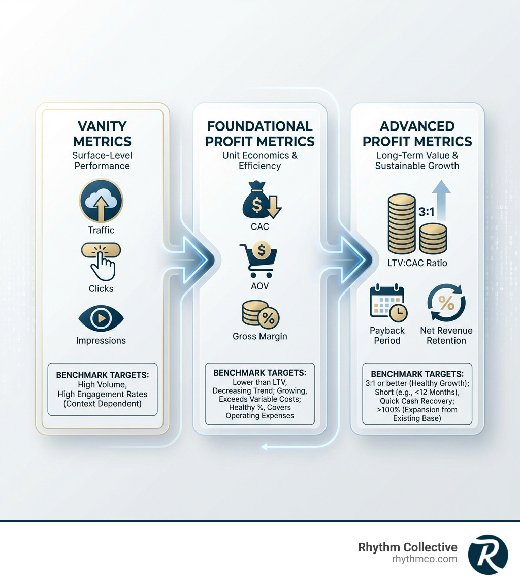 infographic showing the progression from vanity metrics (traffic, clicks, impressions) to foundational profit metrics (CAC, AOV, Gross Margin) to advanced profit metrics (LTV:CAC Ratio, Payback Period, Net Revenue Retention) with benchmark targets for each - Marketing for profit infographic infographic showing the progression from vanity metrics (traffic, clicks, impressions) to foundational profit metrics (CAC, AOV, Gross Margin) to advanced profit metrics (LTV:CAC Ratio, Payback Period, Net Revenue Retention) with benchmark targets for each - Marketing for profit infographic