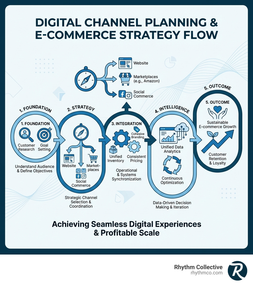 Infographic showing the flow from customer research and goal setting, through strategic channel selection and operational integration, to unified data analytics and continuous optimization, resulting in sustainable e-commerce growth and customer retention - digital channel planning and e commerce strategy infographic 