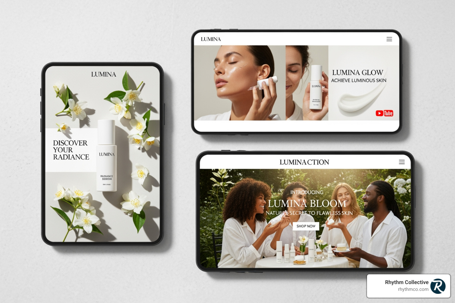 A brand's cohesive creative assets displayed across different digital platforms, including an Instagram post with a product image, a YouTube video thumbnail, and a website banner promoting a new collection. - creative digital strategy A brand's cohesive creative assets displayed across different digital platforms, including an Instagram post with a product image, a YouTube video thumbnail, and a website banner promoting a new collection. - creative digital strategy