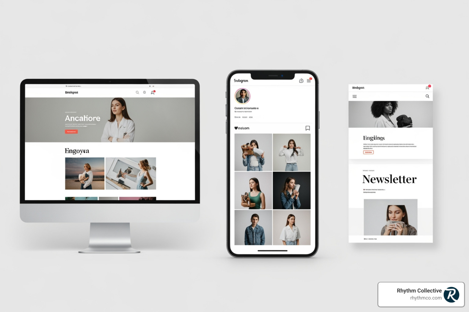 A mock-up of a brand's consistent visual identity across different digital platforms: a website homepage with a clean layout and brand colors, a social media profile (e.g., Instagram) showing themed posts, and an email newsletter with a matching header and typography. - digital brand strategy A mock-up of a brand's consistent visual identity across different digital platforms: a website homepage with a clean layout and brand colors, a social media profile (e.g., Instagram) showing themed posts, and an email newsletter with a matching header and typography. - digital brand strategy