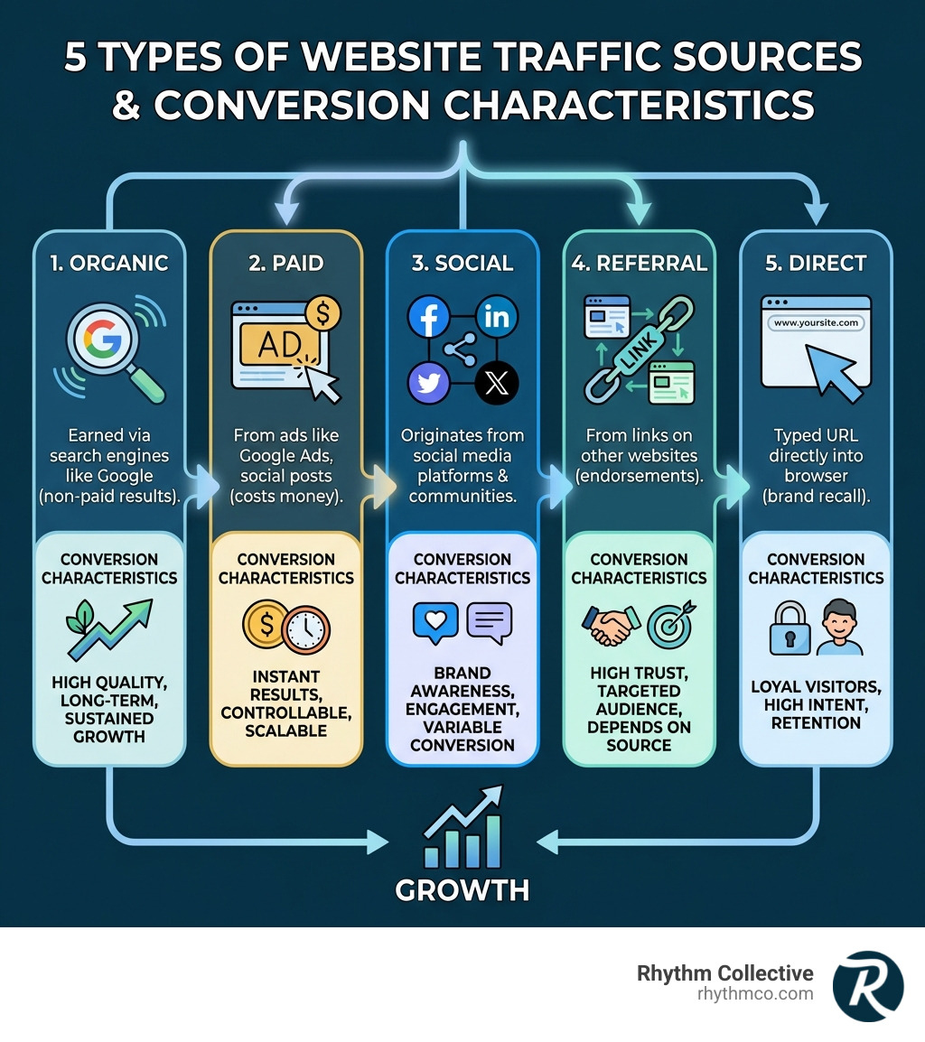 infographic showing five types of website traffic sources (organic, paid, social, referral, and direct) with icons representing search engines, ads, social media platforms, website links, and direct URL entry, along with brief descriptions of each type and their typical conversion characteristics - Website traffic increase infographic 